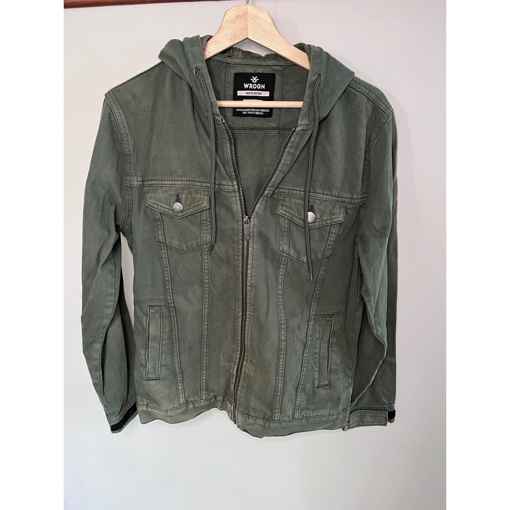 Wrogn Mens Green Hooded Cotton Trucker Jacket Winter Edition WNJK6384 Size M